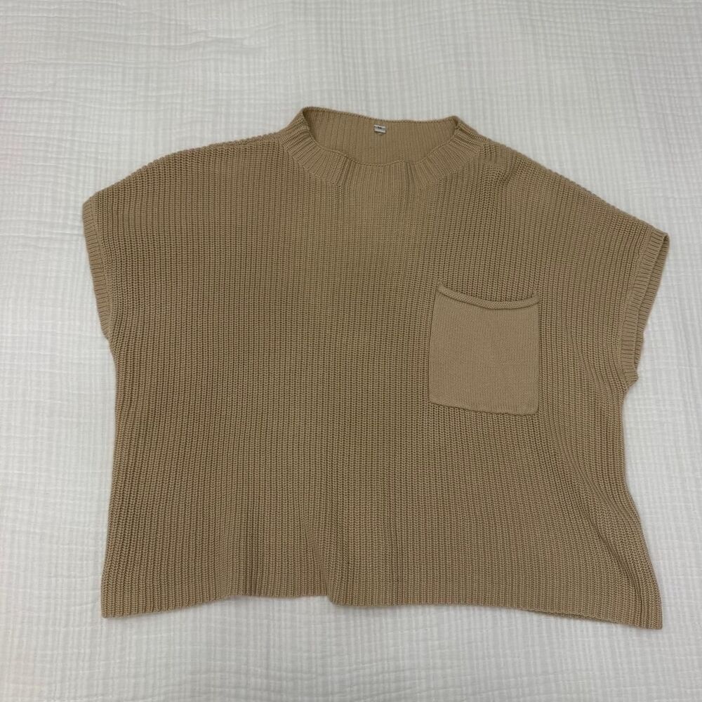 tan oversized knit pocket sweater top